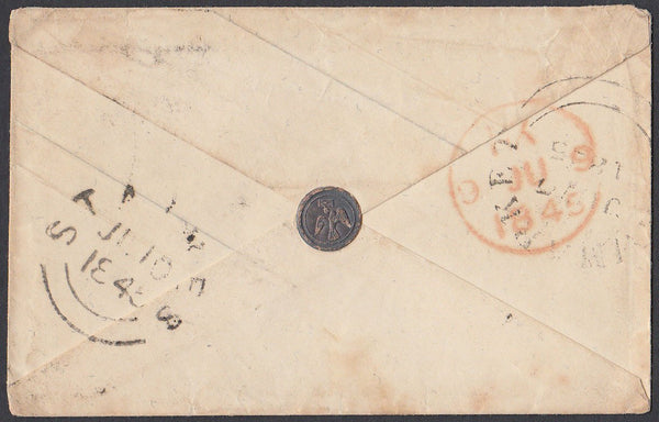 86096 1845 1D PINK ENVELOPE NEWMARKET, SUFFOLK TO STAINES WITH WAFER SEAL DEPICTING A BIRD CARRYING A LETTER.