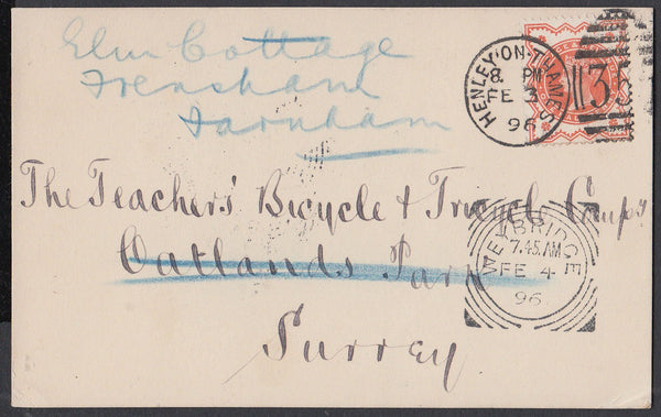 86225 - OXON. 1896 postcard Henley on Thames to Oatlands P...