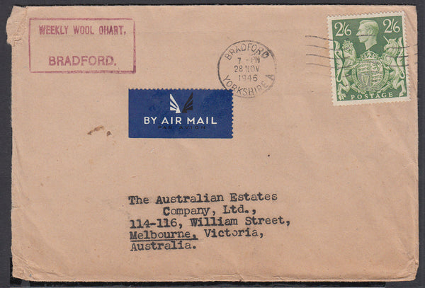 86247 - 1946 MAIL BRADFORD (YORKS) TO AUSTRALIA 2/6D YELLOW-GREEN (SG476b). Envelope Bradford, Yorks to Melbourne, Austra...