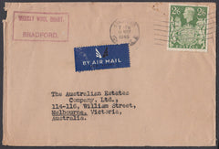 86251 - 1946 MAIL BRADFORD (YORKS) TO AUSTRALIA 2/6D YELLOW-GREEN (SG476b). Envelope Bradford, Yorks to Melbourne, Austra...