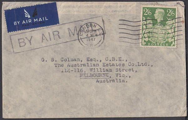 86254 - 1947 MAIL LONDON TO AUSTRALIA 2/6D YELLOW-GREEN (SG476b). Envelope London to Melbourne, Australia with ...