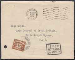 86268 - 1951 UNPAID MAIL. Envelope used locally in London, postage unpa...