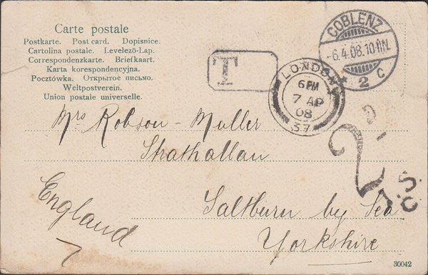 86342 1908 UNPAID MAIL GERMANY TO YORKSHIRE.
