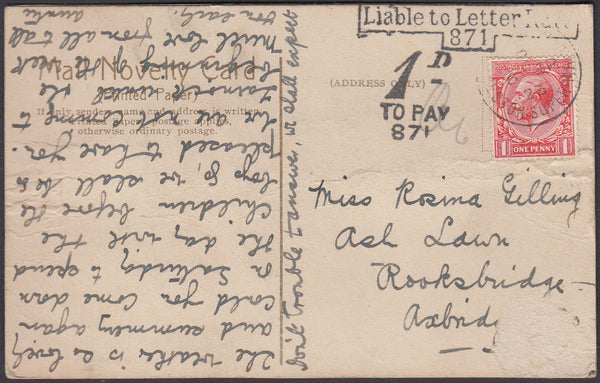 86361 - 1923 UNDERPAID MAIL WESTON SUPER MARE TO AXBRIDGE. 1923 post card Weston Super Mare to Axbridge with K...