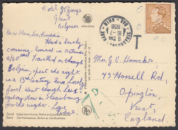 86387 - 1958 POST CARD STRASBOURG TO KENT WITH UNACCEPTED BELGIAN STAMP. 1958 post card Ghent to Orpington with Belgium 3f e...