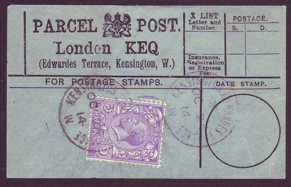 86424 - PARCEL POST LABEL. 1914 blue label LONDON KEQ (Edw...