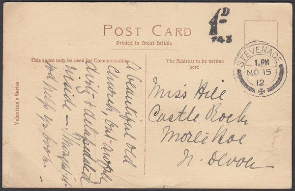 86435 - 1912 UNPAID MAIL STEVENAGE TO MORTE HOE, NORTH DEVON. 1912 post card Stevenage to North Devon postage unp...
