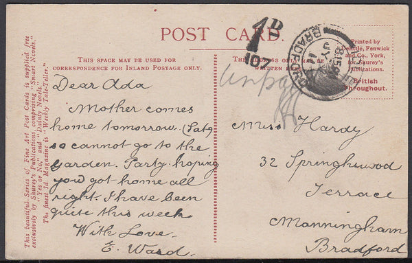 86467 - 1911 UNPAID MAIL FROM IDLE, BRADFORD USED LOCALLY. 1911 post card of "Farm Life - Turning" used locall...