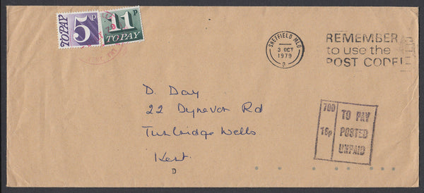 86501 - 1979 UNPAID MAIL SHEFFIELD TO TUNBRIDGE WELLS. Large envelope (230x101mm) Sheffiel...