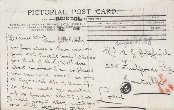 86510 - 1907 UNPAID MAIL USED LOCALLY IN BRISTOL/'CH' INSPECTOR'S MARK (BS199). Post card used locally in Bristol, postage unp...
