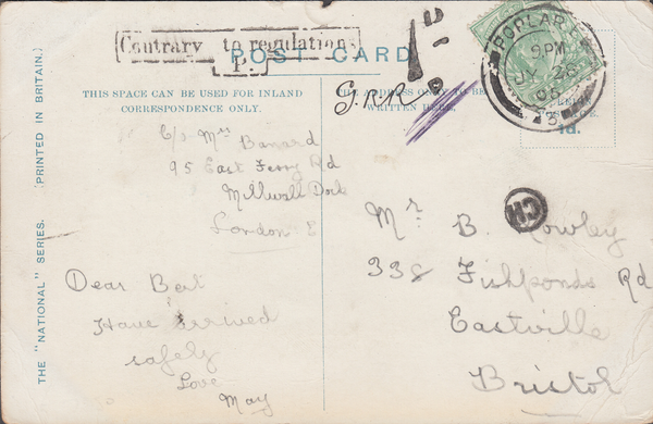 86515 - 1905 UNDERPAID MAIL POPLAR TO BRISTOL/'CH' INSPECTOR'S MARK OF BRISTOL (BS199). Post card Poplar to Eastville Bristol with KEDVII ½d can...