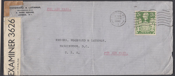 86516 1943 AIR MAIL LONDON TO USA WITH KGVI 2/6D YELLOW-GREEN (SG476b). Large envelope (230x102mm) London to Washington D.C...