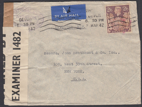 86517 - 1942 MAIL TIVERTON TO USA 2/6D BROWN (SG476). Envelope Tiverton to New York with 2/6 brown ...