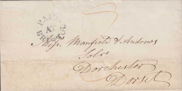 86647 1838 MAIL BRISTOL TO DORCHESTER WITH 'PAID/AT/BRISTOL' HAND STAMP (BS162).