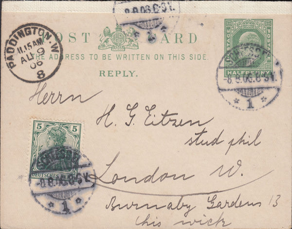 86664 - 1906 REPLY PAID PORTION OF GB KING EDWARD VII POST CARD GERMANY YO LONDON.