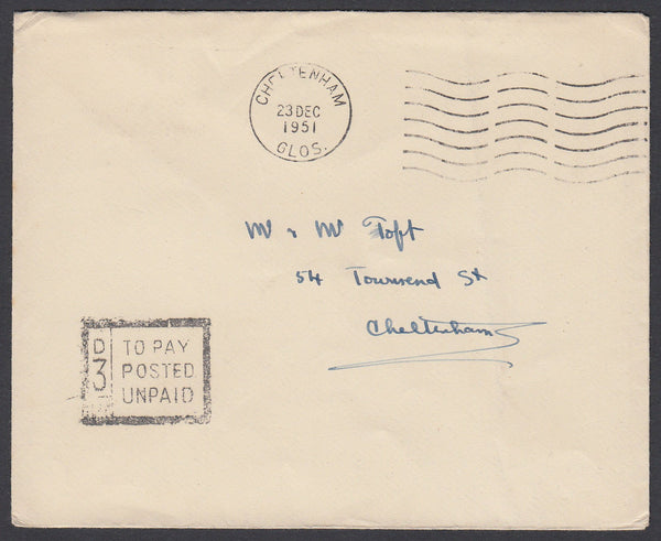 86678 - 1951 UNPAID MAIL. Envelope used in Cheltenham, postage unpaid, ...