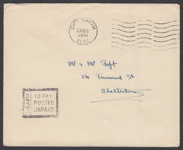 86678 - 1951 UNPAID MAIL. Envelope used in Cheltenham, postage unpaid, ...