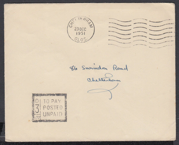 86679 -  1951 UNPAID MAIL. Envelope used in Cheltenham, postage unpaid, ...