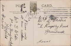 86691 1924 POST CARD USED LOCALLY IN BRISTOL SENT UNPAID WITH 'CH' INSPECTORS HAND STAMP (BS199).