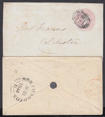 86719 1844 1D PINK ENVELOPE NORTHAMPTON TO COLCHESTER WITH WAFER SEAL DEPICTING A FLOWER.