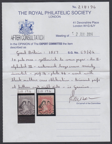 86721  1857 DIE 2 1D PLATE 44 (PD) PALE ROSE SAVOY STREET PRINTING WATERMARK INVERTED  (SPEC C9A(1) CANCELLED MALTESE CROSS.