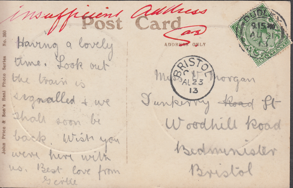 86730 1913 POST CARD DUDLEY TO BRISTOL MANUSCRIPT 'INSUFFICIENTLY ADDRESS'.