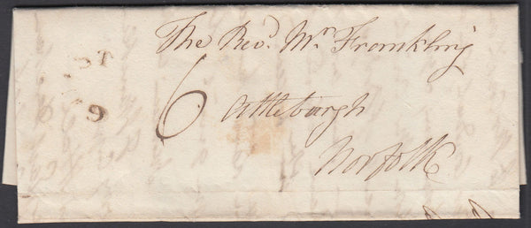 86830 - 1809 NORFOLK/'GUIST' HORSESHOE STYLE HAND STAMP (NK156). Fine entire Guist to Attleborough dated O...