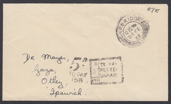 86845 - 1952 UNPAID MAIL. Envelope, without stamps, Eye to...