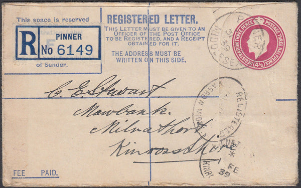 86908 - MIDDLESEX. 1939 KGV 4½d carmine registered envelop...
