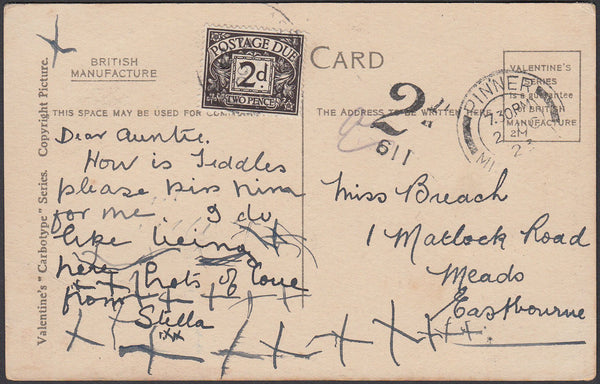 86923 - 1923 UNPAID MAIL PINNER TO EASTBOURNE. 1923 post card Pinner to ...