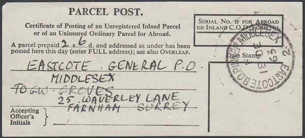 86937 - MIDDLESEX. 1963 Certificate of Posting receipt wit...