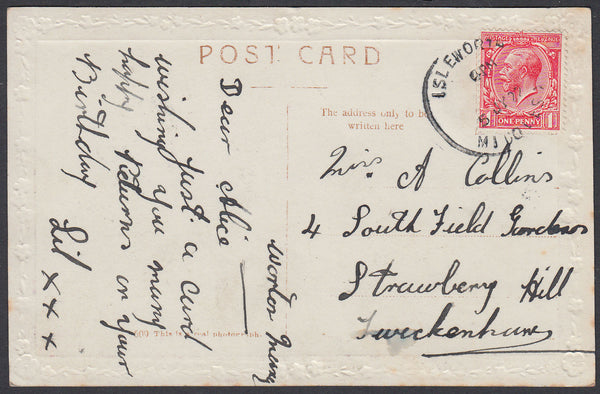 86955 - 1922 MIDDLX/'ISLEWORTH' SKELETON DATE STAMP. Post card Isleworth to Twickenham with KGV 1d...