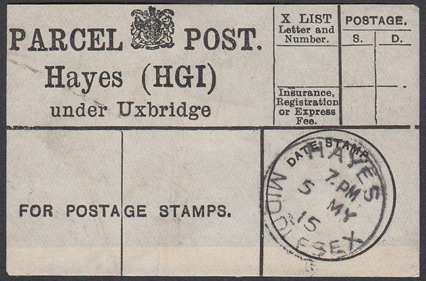 86993 - MIDDLESEX/PARCEL POST LABEL. 1915 label Hayes (HGI...
