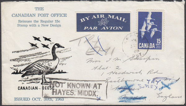 86994 - 1969 MIDDLESEX INSTRUCTIONAL 'NOT KNOWN AT HAYES.MIDDX.'. 1963 Canadian FDC with 15c Geese addres...
