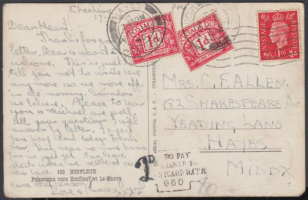 86996 - 1940 UNDERPAID MAIL/MIDDLESEX. Post card (slight creasing) Cheshir...