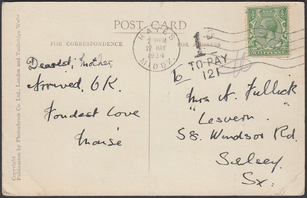 86998 - 1934 UNDERPAID MAIL HAYES TO SELSEY. 1934 post card Hayes to Selsey with KGV ...