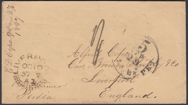 87034 - 1857 'LIVERPOOL' DOTTED CIRCLE DATE STAMP ON INCOMING MAIL FROM THE USA.
