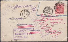 87087 - 1907 MAIL USED LOCALLY IN LOWESTOFT/RE-DIRECTED TO CANADA/UNDELIVERED. Envelope used locally in Lowestoft with KEDVI...