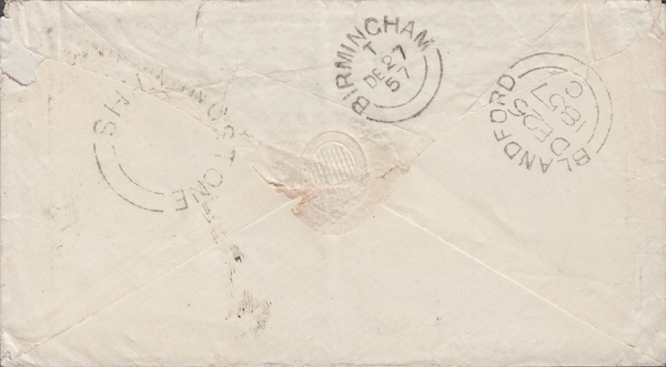 87109 - 1857 MAIL BLANDFORD TO BIRMINGHAM/'SHILLINGSTONE' UDC/'BIRMINGHAM' DISTINCTIVE DATE STAMP (20mm). Envelope Blandford to Birm...