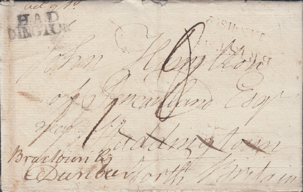87161 - BRISTOL CIRCULAR '7PPP' PENNY POST HANDSTAMP. 1802 entire Clifton to Haddington redirec...