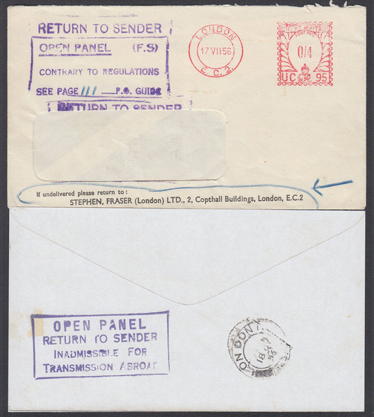 87196 - 1956 "OPEN PANEL" CACHET. Window envelope from Lon...
