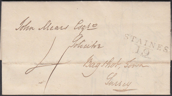 87278 - 1813 MIDDLESEX/'STAINES 19' MILEAGE MARK (MX267). Entire Staines to 'Bagshot dated 19...