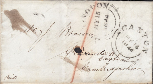 87294 - 1844 CAMBS/CAXTON DATESTAMP (CB77). 1844 wrapper Huntingdon to Caxton, postage ...