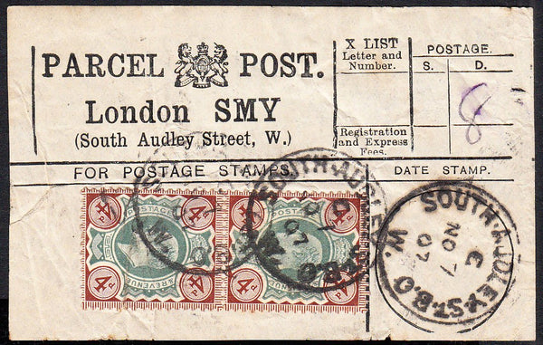 87419 - PARCEL POST LABEL. 1907 label London SMY (South Au...