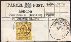 87504 - PARCEL POST LABEL. 1911 label (repaired tear) Lond...