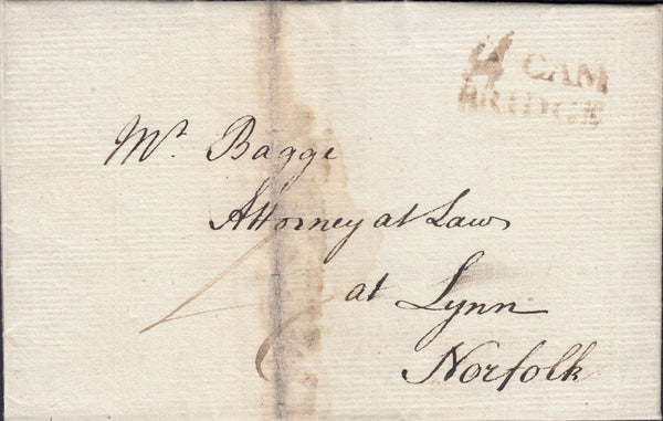 87562 - 1785 CAMBS/'54 CAMBRIDGE' FIRST TYPE MILEAGE MARK. Letter Cambridge to Kings Lynn dated 2...