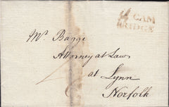 87562 - 1785 CAMBS/'54 CAMBRIDGE' FIRST TYPE MILEAGE MARK. Letter Cambridge to Kings Lynn dated 2...