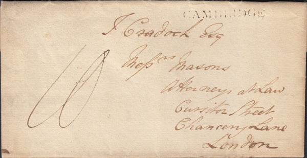 87572 - 1800 CAMBS/'CAMBRIDGE' HAND STAMP (CB34). Letter Christ's College to Chancery Lane London date...