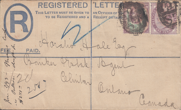 87577 - 1893 QV 2d blue registered envelope London to Onta...