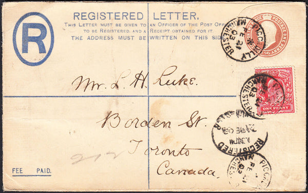 87595 - 1903 REGISTERED MAIL MANCHESTER TO CANADA. KEDVII 3d red-brown registered envelope Manch...